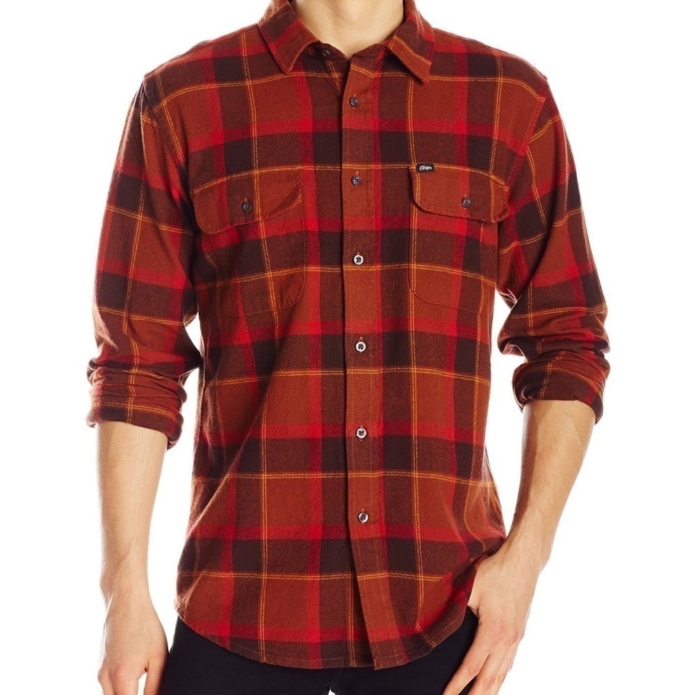 OBEY Men’s Gower Woven Long sleeve Button Down brown/orange plaid size: Large